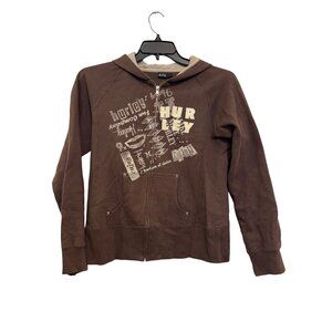 Hurley Womens Brown Zip-Up Hoodie With Graphic Print Size L